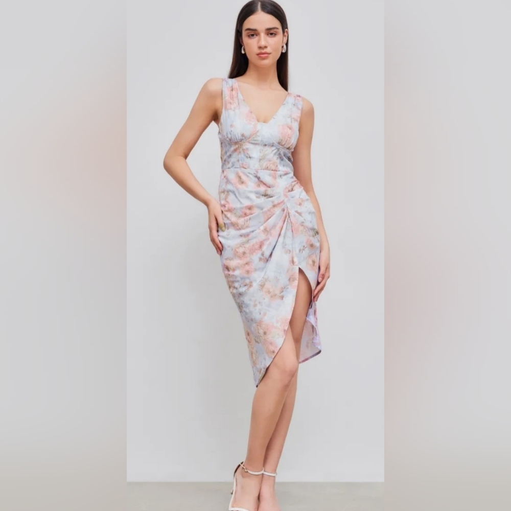 CIDER Illusion Ruched Floral Midi Dress. Size L. NWT - Picture 7 of 10